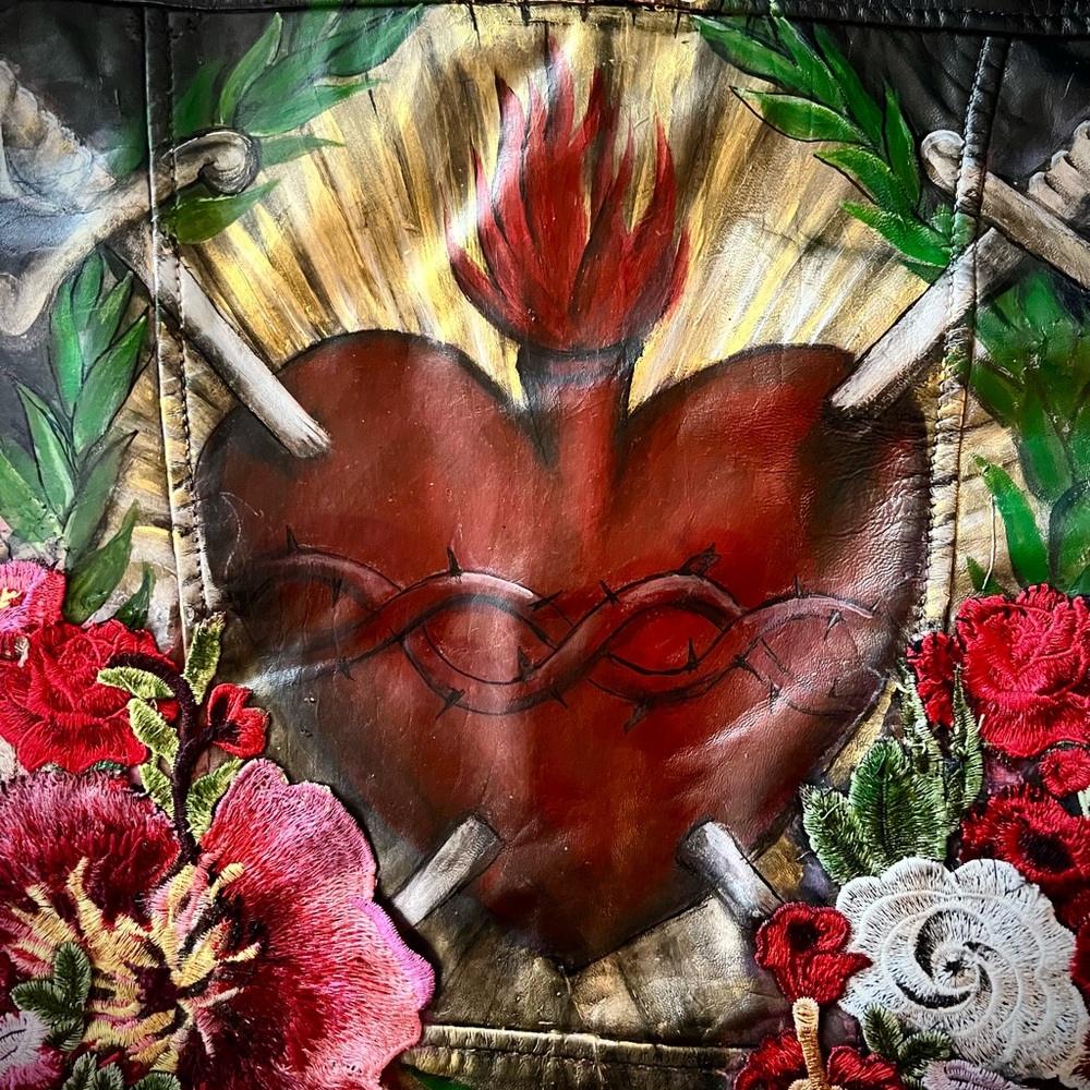 Iconic Sacred Heart Painted Leather Jacket L - Picture 14 of 16